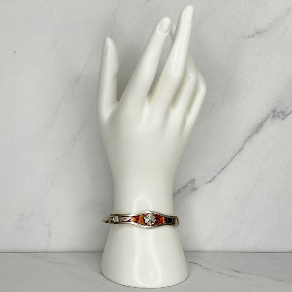 Vintage Mexico Silver Tone Abalone Shell Flower Inlay Hinge Bangle Bracelet - Picture 7 of 11